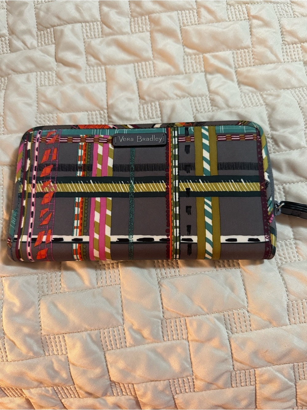 Vera Bradley Gray Multi-Stripe Zip Wallet with Colorful Plaid Accents